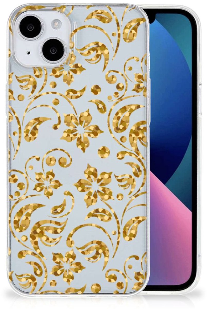 Back Cover voor iPhone 15 Plus TPU Case Gouden Bloemen
