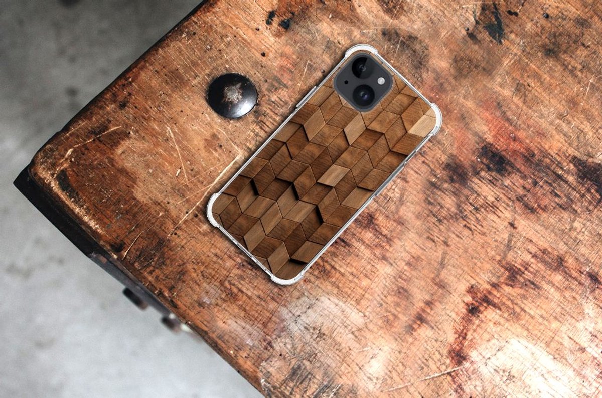 Stevig Telefoonhoesje voor iPhone 15 Wooden Cubes