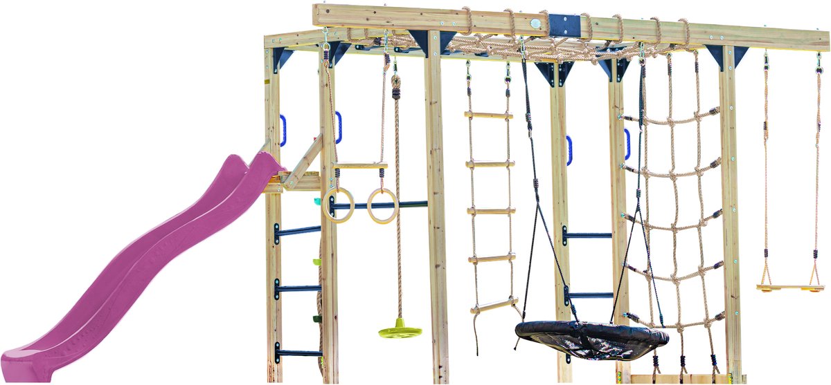 AXI Boris Klimtoestel Bruin met Schommels en Trapeze – Paarse Glijbaan – Monkey Bars en Klimnetten – Duikelstang – Diverse Ladders