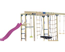 AXI Boris Klimtoestel Bruin met Schommels en Trapeze – Paarse Glijbaan – Monkey Bars en Klimnetten – Duikelstang – Diverse Ladders