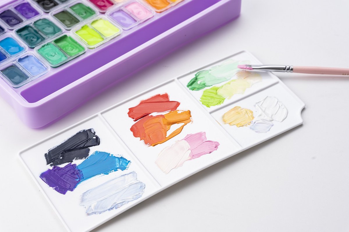 HIMI - Gouache - Twin split cups - set van 36 kleuren - 12g - 3 penselen - Lila — afbeelding 4