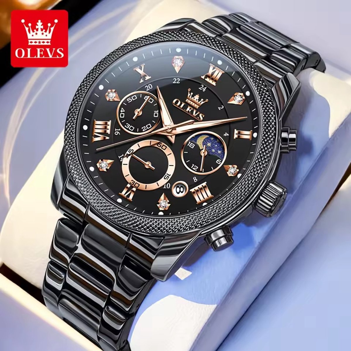 HO-3660.zw-rs : OLEVS zwart edelstaal chronografisch quartz horloge, rosékl wijzerplaatbeslag, zwarte wijzerplaat, uren minuten maanfase -aanduiding, diamant, zirkonia