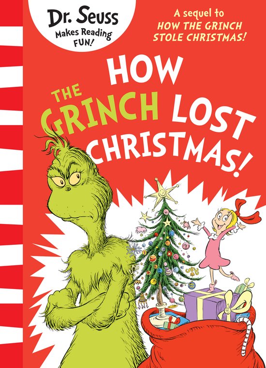 De voorkant van 'How the Grinch Lost Christmas!' toont de Grinch, een kerstboom en cadeaus, met de titel van het boek.