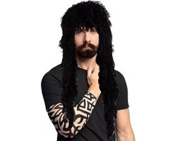 Boland Carnaval Verkleed set Rocker/biker - Heren - pruik in het zwart en arm sleeves met tatoeages