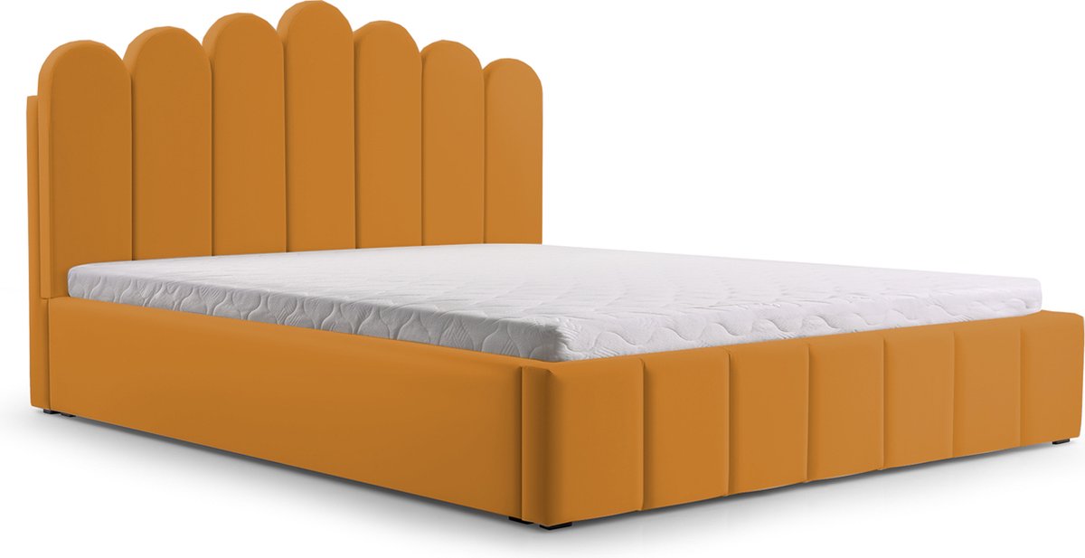 Tweepersoonsbed met fluwelen bekleding, met hoofdeinde, lattenbodem, bed voor volwassenen - BED 03 - 160x200 - Donker geel (TRINITY 26)