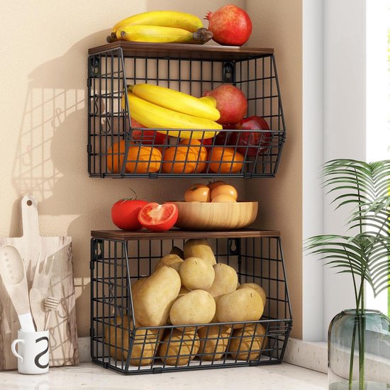 Houten fruitetagère en broodmand met houder voor keukenopslag - zwart