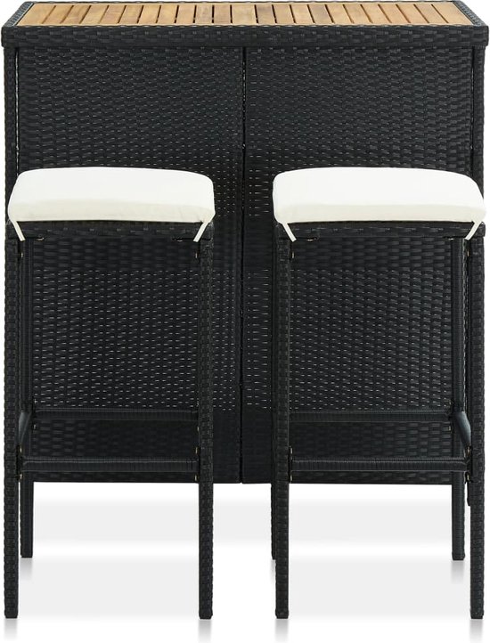 vidaXL Ensemble de bar 3 pièces Chaise de bar en polyrotin Zwart - Table de bar - Dîner extérieur - Ensemble de jardin - Set de salon - Bois d'acacia - Chaise en plastique - Support de table en métal