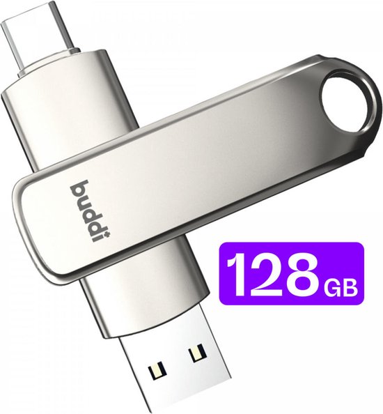 Buddi USB-C Stick 128GB | USB C en USB A | Dual Geheugenstick | USB 3.1 | Plug & Play | Universeel | Geschikt voor smartphones, tablets, PC en meer | Extra opslagruimte | Grijs