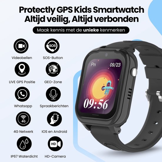 Protectly® GPS Horloge Kind Met Simkaart - SOS-Knop - Smartwatch Kinderen - Smartwatch Kind - GPS Tracker Kind - 4G - Videobellen - HD Camera - Whatsapp en SMS - Elke polsmaat - Incl. Simkaart