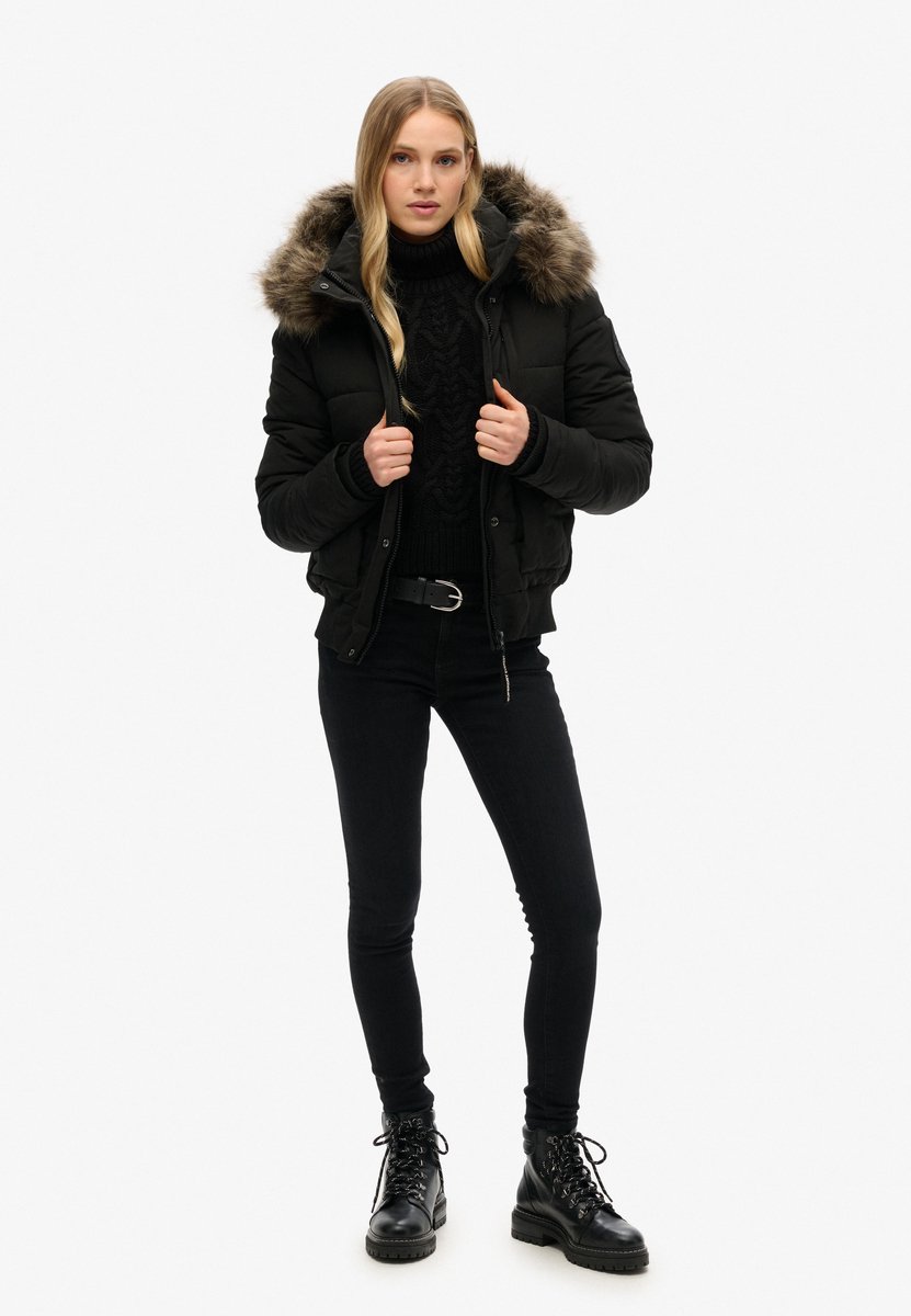 Superdry Everest Hooded Puffer Bomber Dames Jas Jet Grijs