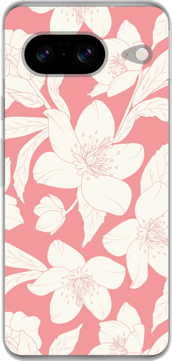 Telefoonhoesje Geschikt voor Google Pixel 8 hoesje - Bloemen - Patroon - Roze - Wit - Siliconen Telefoonhoesje Telefoonhoesje