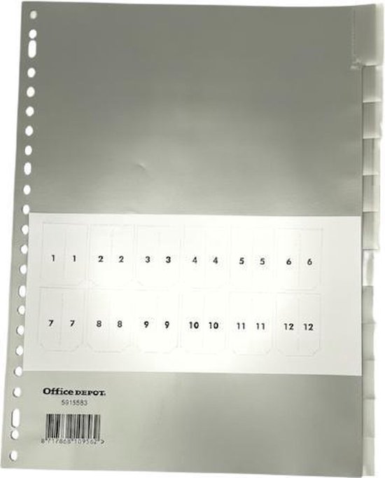 Office Depot Tabbladen A4 Grijs 12 tabs 23-gaats polypropyleen blanco