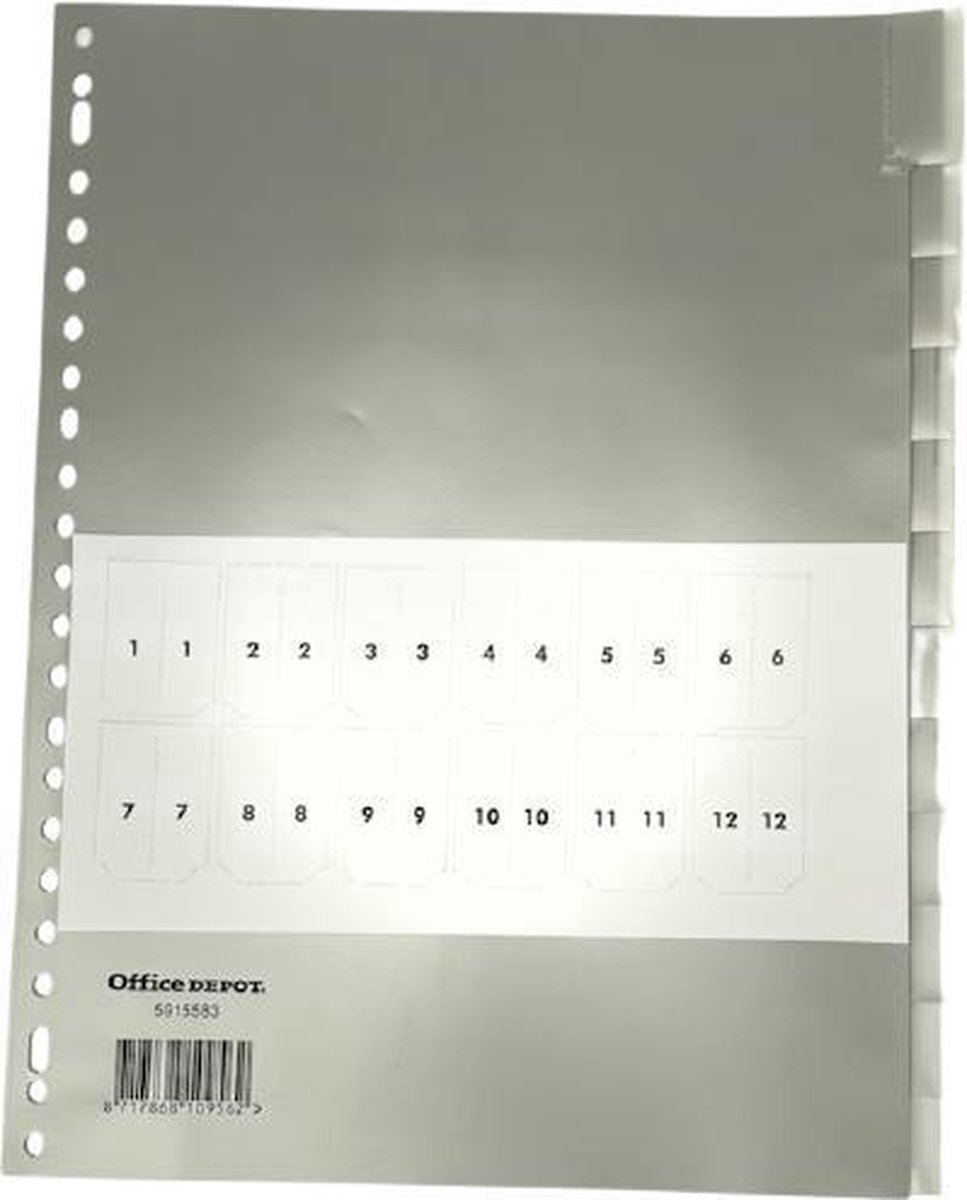 Office Depot Tabbladen A4 Grijs 12 tabs 23-gaats polypropyleen blanco