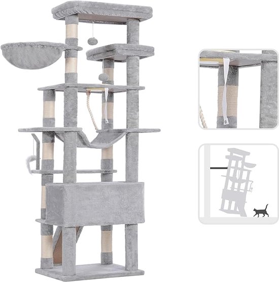 FUKUMARU Klauriboom (2024 Upgrade) - Retrodesign met Unieke Vierkante Paal, Hout Katten met Zilveren Kogelspeelgoed, Modern Kattenblad met Krabplank voor Innecatters