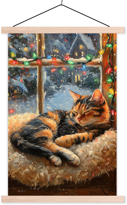 Posterhanger incl. Poster 60x90 cm - Schoolplaat - Kat - Kerst - Winter - Dier - Textielposter - Blanke latten
