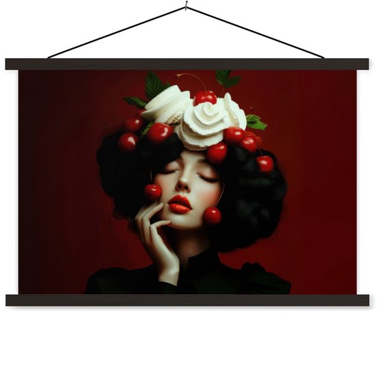Posterhanger incl. Poster 90x60 cm - Schoolplaat - Vrouw - Kersen - Slagroom - Textielposter - Zwarte latten
