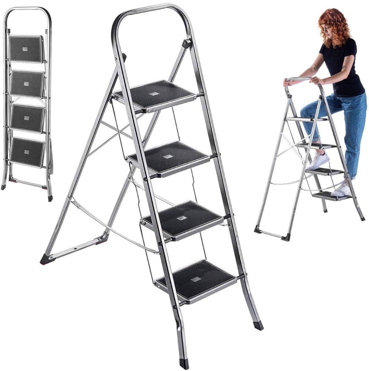 VELTRR® Huishoudtrap 4 Treden - Keukentrap - Inklapbaar - Antislip - Extra Stevig