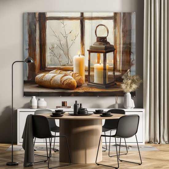 MuchoWow® Peinture sur verre 160x120 cm - Peinture sur verre acrylique - Nature morte - Rustique - Bougies - Pains - Fenêtre - Photo sur verre - Décoration murale salon - Décoration murale chambre - Peintures