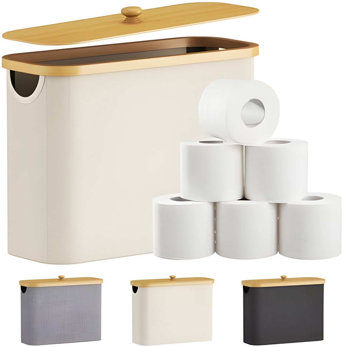 Toiletpapier Opslagmand met Deksel, Bamboe Organizer voor Badkamer - Lvory Wit - 23L