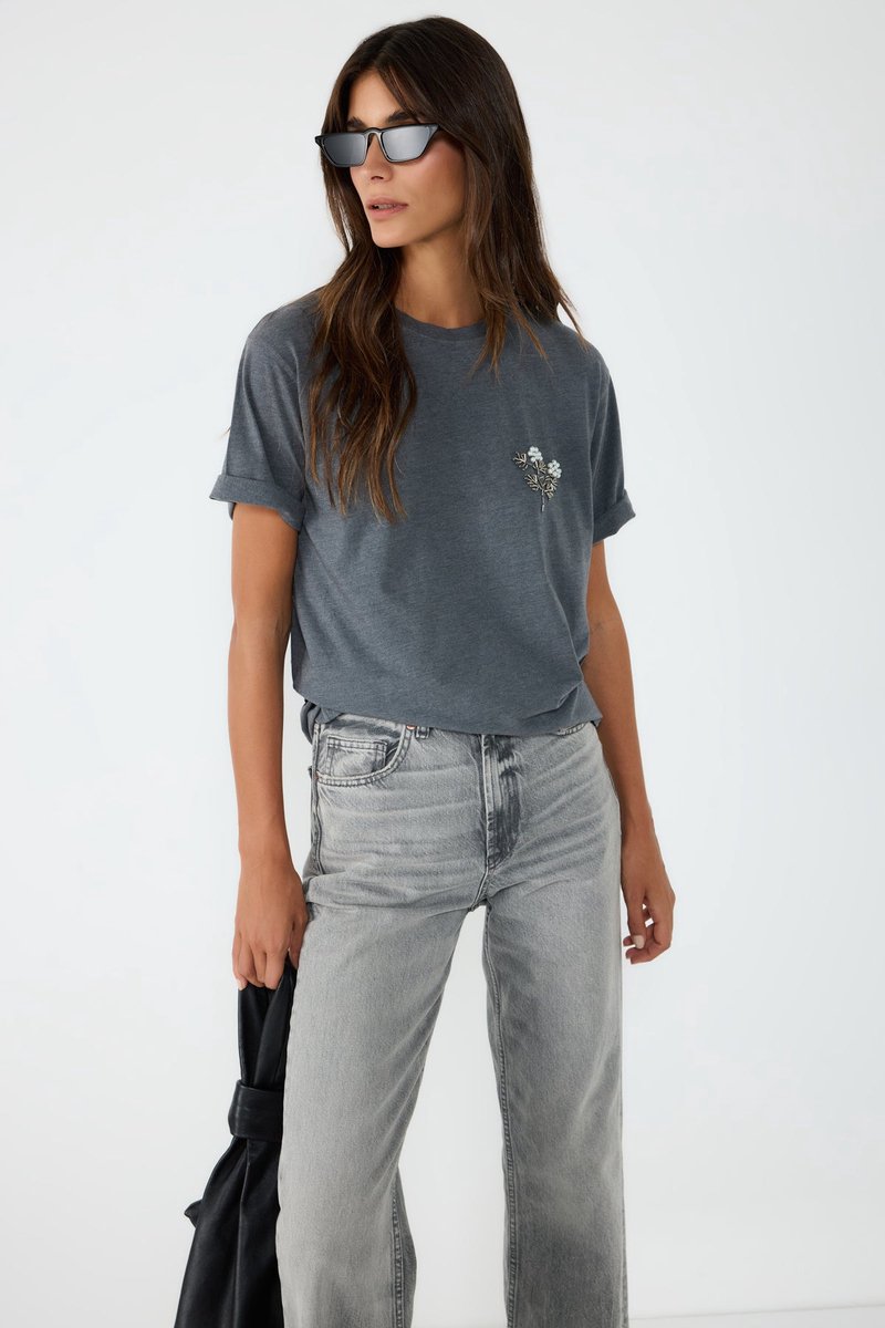 T-shirt col rond en pierre florale anthracite