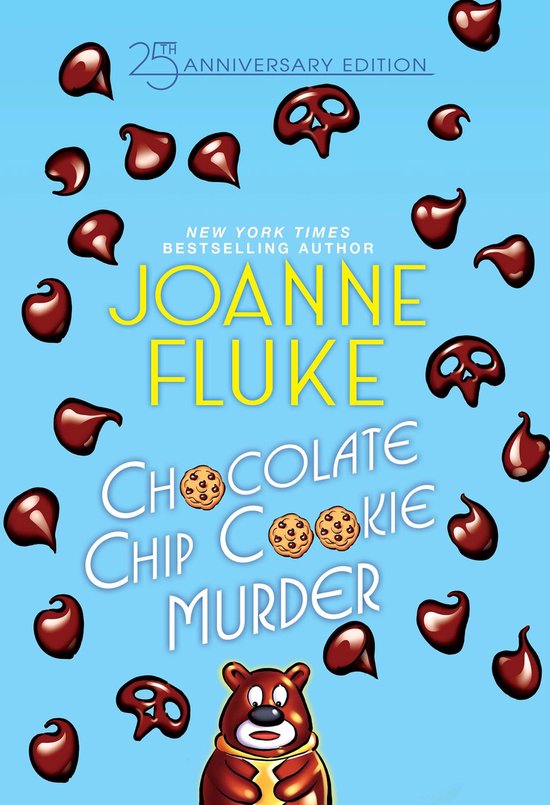Couverture du livre 'Chocolate Chip Cookie Murder' 25e édition anniversaire, fond bleu avec des gouttes de chocolat et des biscuits.