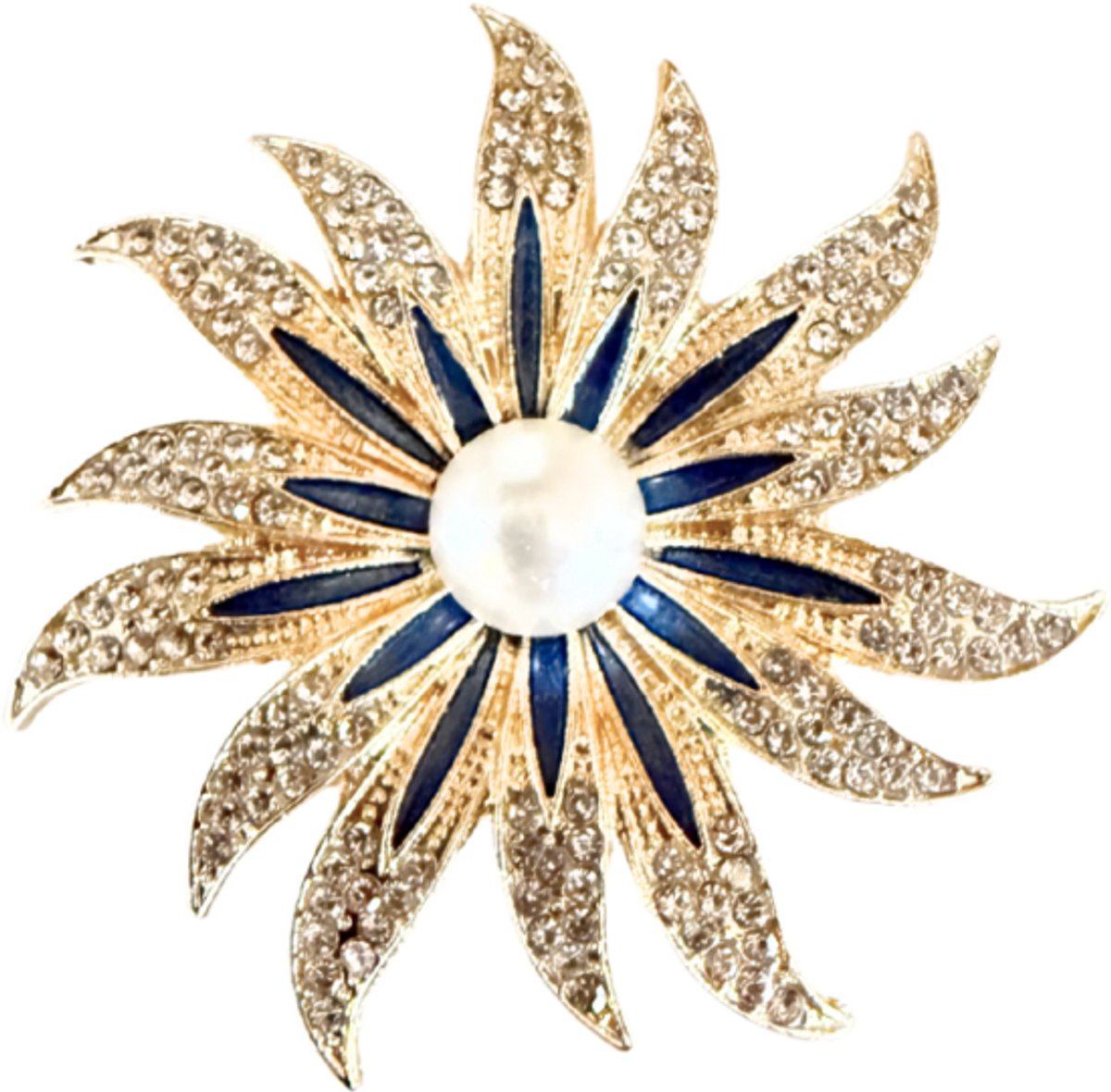 Broche -Bloem- 5.5 cm -goudkleurig -blauw- Charme Bijoux