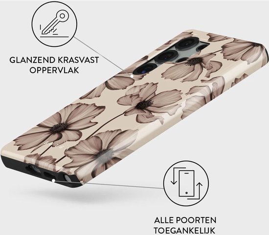 Telefoonhoes met beige achtergrond en bloemenprint, glanzend en krasvast.
