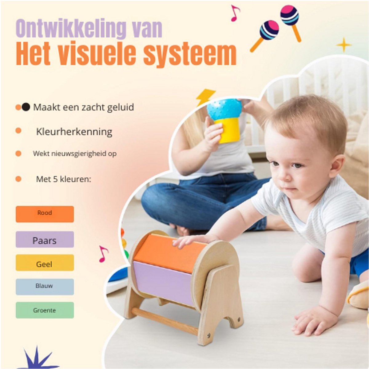 Tambour Rotatif Maxentico – Jouet Montessori En Bois, Avec Cloche, Pour Bébé 6-12 Mois, Favorise La Coordination