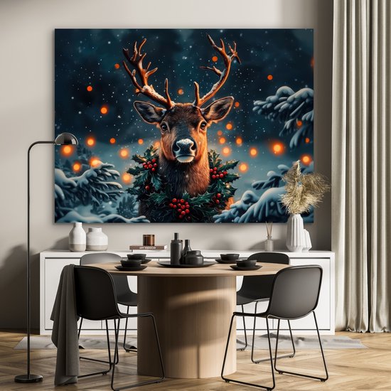 Tableau aluminium 160x120 cm - Décoration murale métal - Cerf - Noël - Hiver - Neige - Couronne de Noël - Décoration murale métal salon - Décoration industrielle - Photo sur dibond - Accessoires industriels chambre