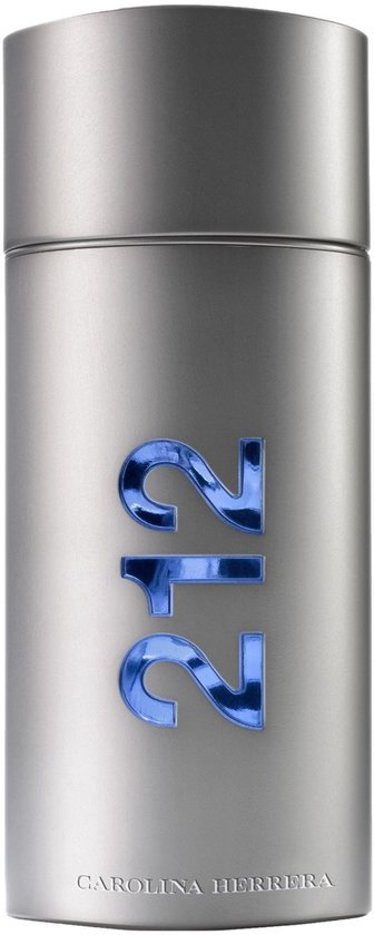 Zilverkleurige parfumfles met blauwe '212' details op de voorkant.