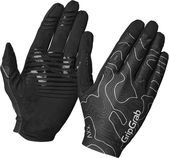 Een paar zwarte fietshandschoenen met lange vingers. Buitenkant met topografisch patroon, handpalm met antislip-strepen.