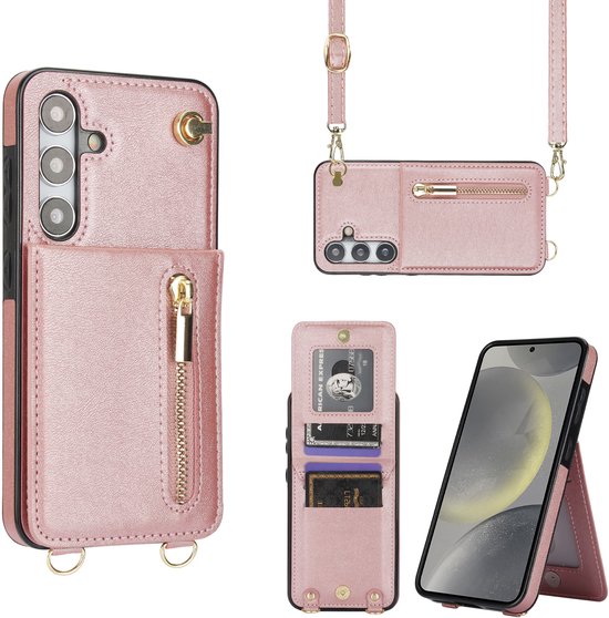 Geschikt voor Samsung Galaxy S24 FE Hoesje Met Koord - Solidenz S24 FE Wallet Case Cover - Telefoonhoes - Backcover Met Koordje - Cord Case - Lanyard - Hoesje S24 FE - Roségoud