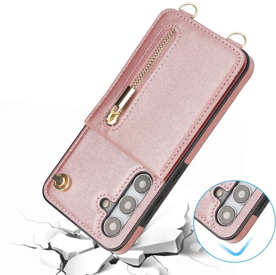 Roségouden telefoonhoesje met ritssluiting en draagkoord. Met uitsparingen voor de camera.