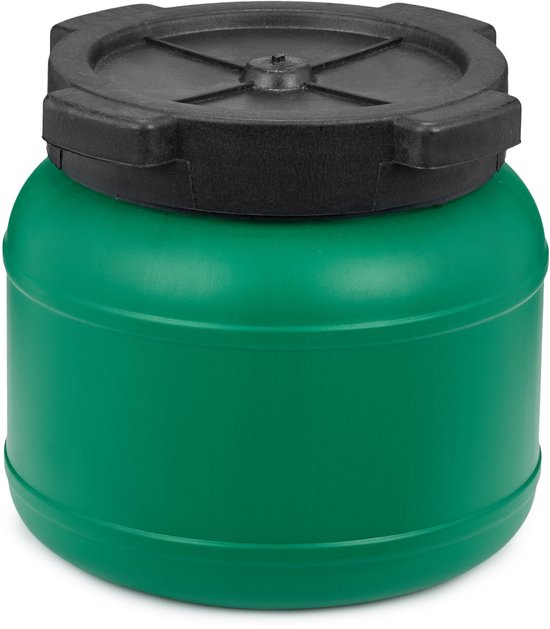 Fût vert en plastique de 5 litres avec couvercle noir, sans BPA et Fabriqué dans l'UE.
