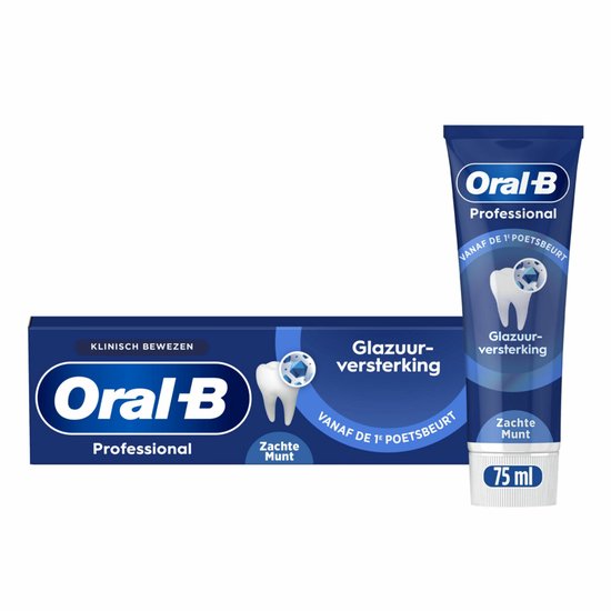 Oral-B Professional tandpasta met zachte munt smaak in een blauwe tube en doos met een tand-icoon en 'Glazuurversterking'. 75 ml.