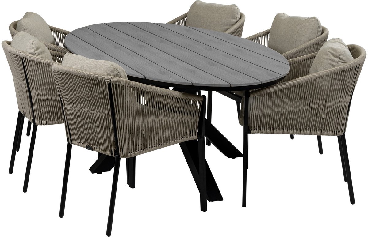 7-Delige tuinset | 6 Elvira tuinstoelen (Black) | 220cm ovale tuintafel Cyprus (Grey)