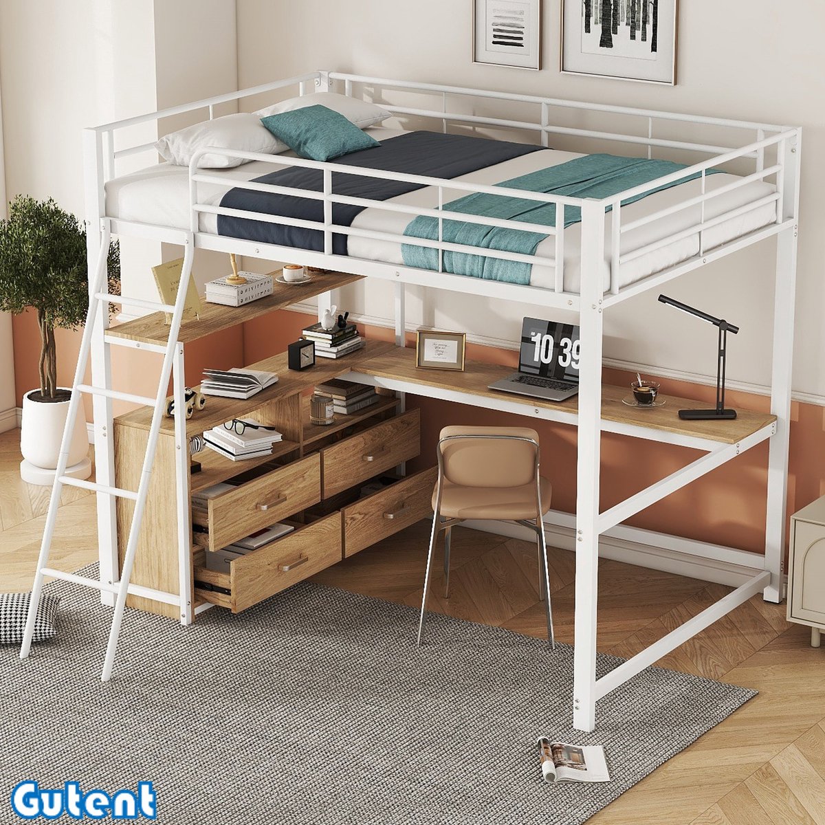Gutent Kinderstapelbed -140x200cm-IJzeren frame bed- met L-vormig bureau-Geen matras voor Wit-Geen stoel