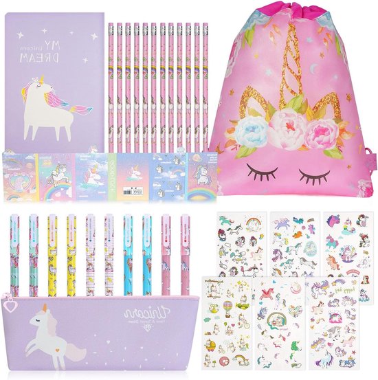 Tacobear 48pcs Pinata Birthday Set Unicorn Gift Girl Bag with Drawstring Backpack Keychain Unicorn Rainbow Tattoo Bracelet Silicone Bracelet Party Bag Gifts Birthday Guests Children