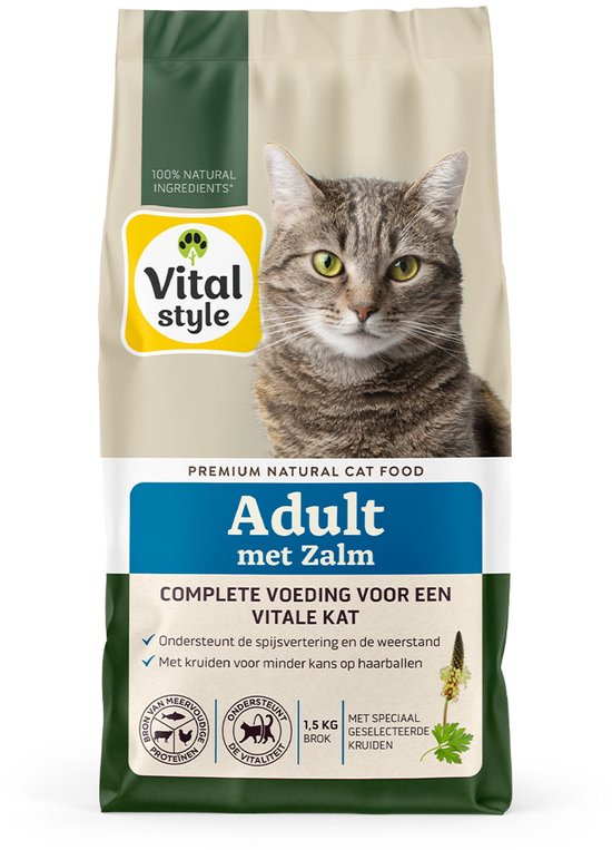 VITALstyle Adult Met Zalm - Kattenbrokken - Gevarieerde Voeding Voor Een Levenslustige Kat - Met o.a. Peterselie & Rozemarijn - 1,5 kg