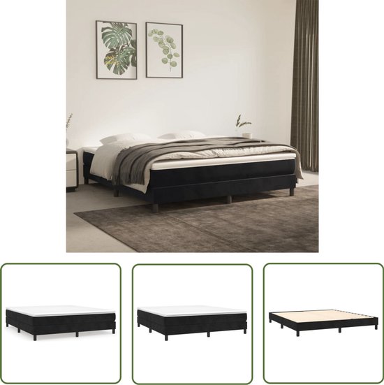 Zwart boxspringbed met witte matras, vierkante poten, gestoffeerde basis, in slaapkamer met planten en dekens.