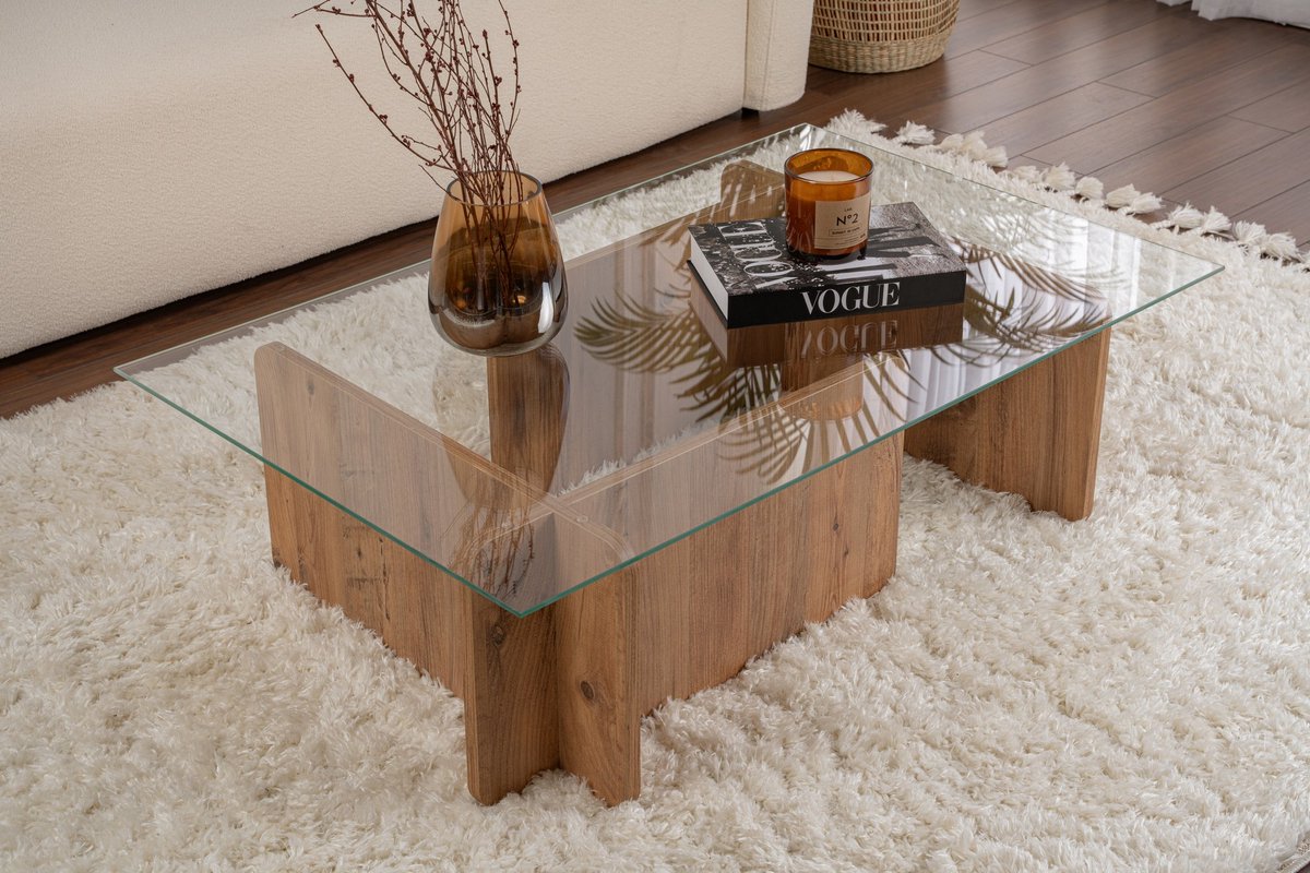 Skye Decor , Salontafel, Flavio - Atlantic Pine, Gehard glas, Atlantisch grenen, 105 x 65 x 30 cm Atlantische Kiefer