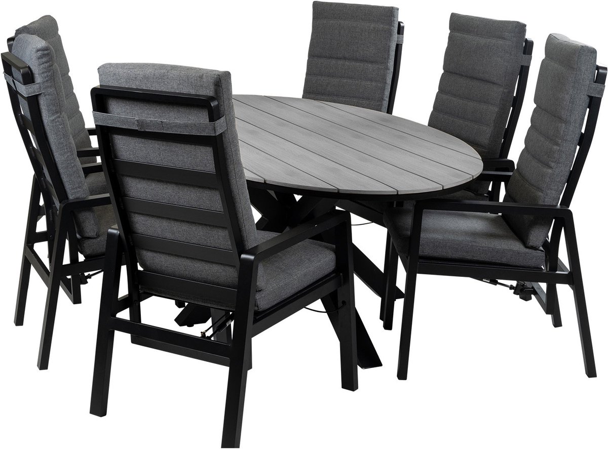 7-Delige tuinset | 6 Berlijn tuinstoelen (Black) | 220cm ovale Cyprus tuintafel (Grey)