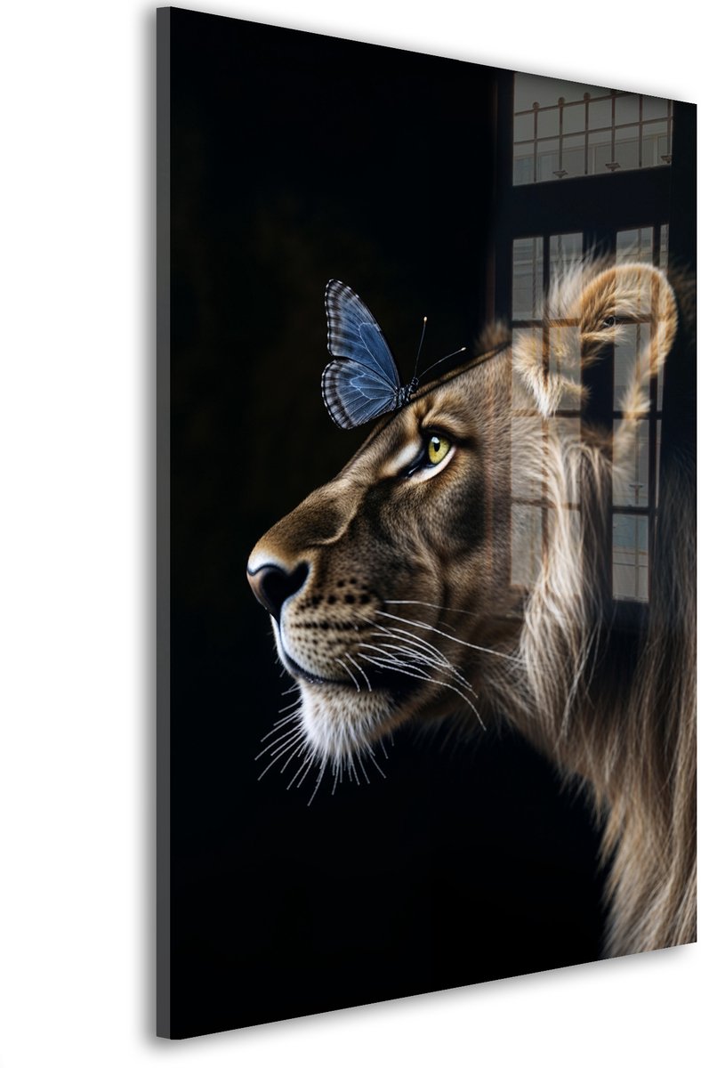 Glasschilderij Majestueuze stille kracht - 90 x 60 cm - Leeuw - Dierenhoofden - Acrylaat - Inclusief wandbevestiging - Foto op plexiglas - Wanddecoratie woonkamer – Modern – Modern