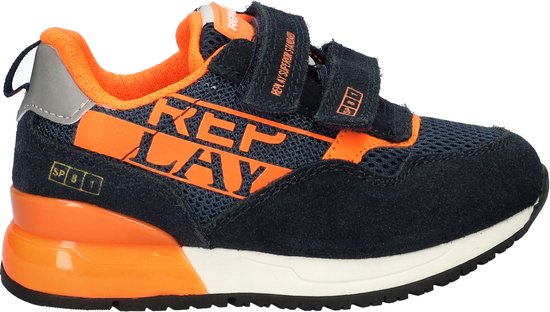 Donkerblauwe sneaker met oranje accenten en 'REPLAY' logo. Twee klittenbandsluitingen.