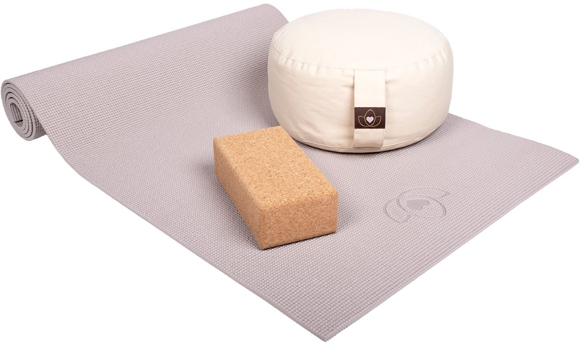 Starterspakket yogamat taupe, sand meditatiekussen en blok