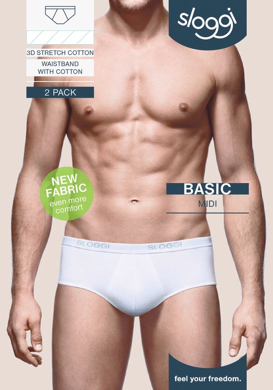 Man met gespierd bovenlichaam draagt witte Sloggi Basic midi slips. Info: 3D stretch katoen, tailleband met katoen, 2-pack, nieuwe stof.