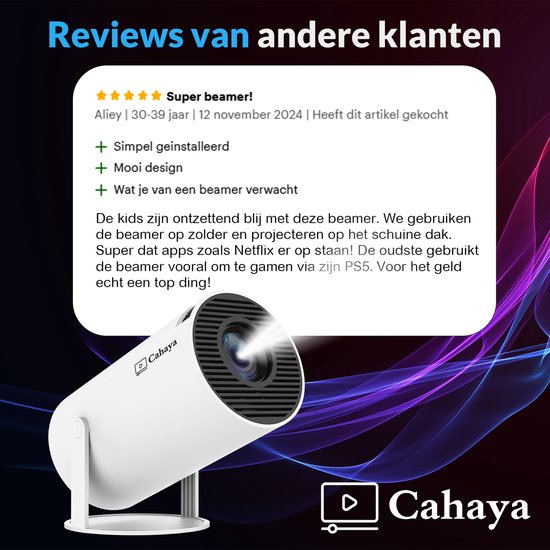 Cahaya 2026 vernieuwd model + Gratis HDMI kabel- Pro versie - Mini Beamer - mini projector - draagbare beamer - projector / beamer - Geïntegreerd Android 12.0 systeem - Screen mirroring smartphone - Home cinema