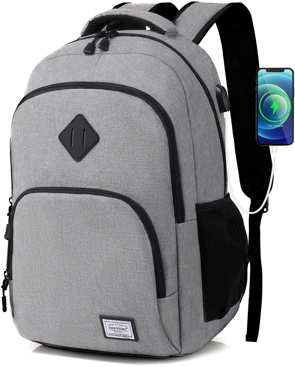 TAN.TOMI Laptop Rugzak – 28L – Met USB Oplaadpoort – Geschikt voor 17,3 inch – Schooltas – Reistas voor Heren & Dames- Lichtgrijs