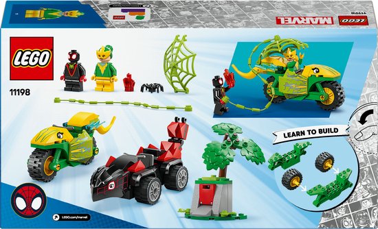 Achterkant van LEGO Marvel Spidey-speelgoeddoos met voertuigen, figuren en bouwinstructies.