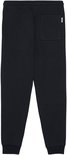 Achterkant van een donkerblauwe joggingbroek met een klein logo label.